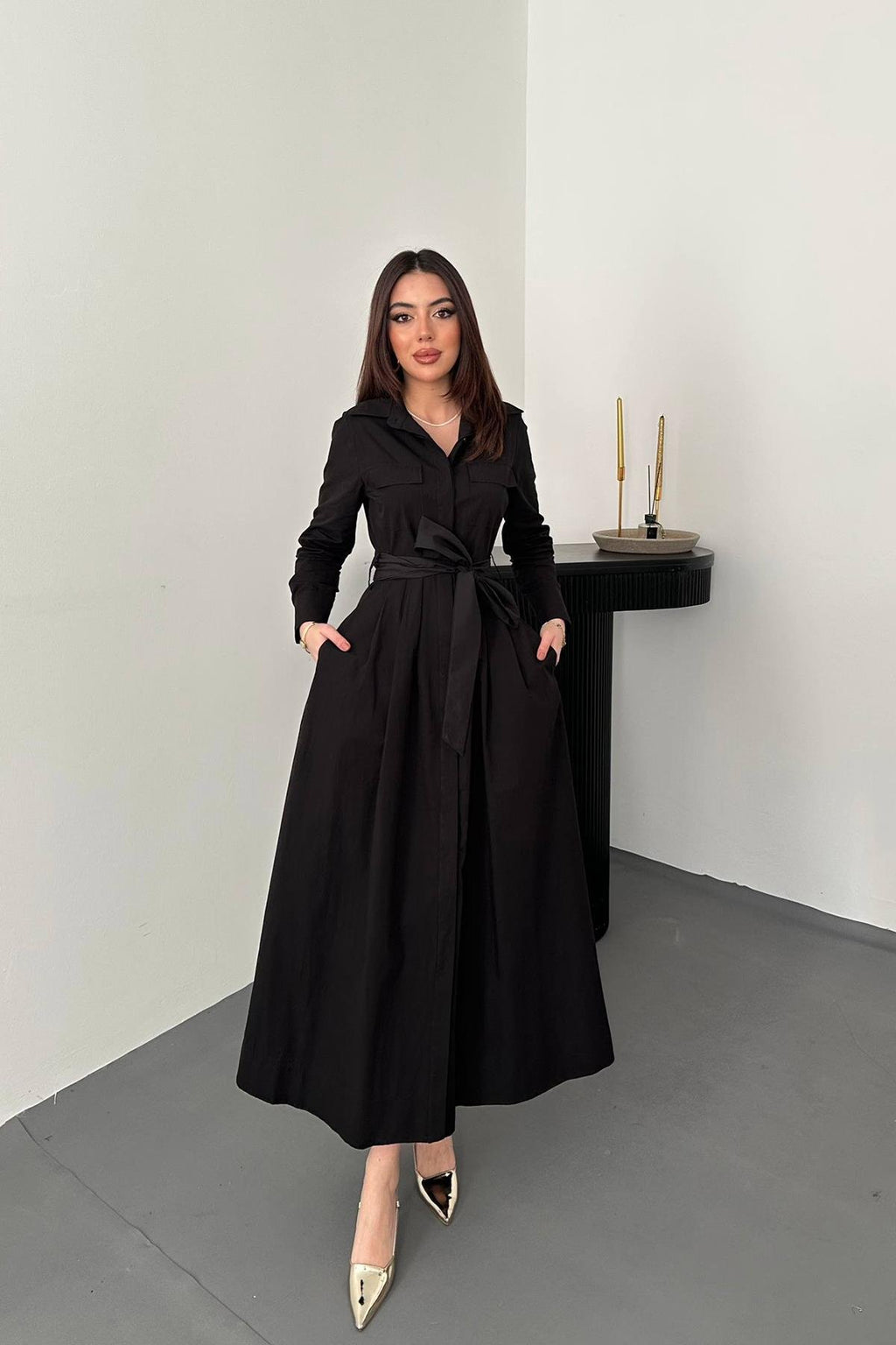 BLACK BUTTON-DOWN POPLIN MIDI DRESS