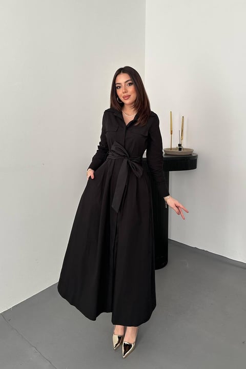 BLACK BUTTON-DOWN POPLIN MIDI DRESS