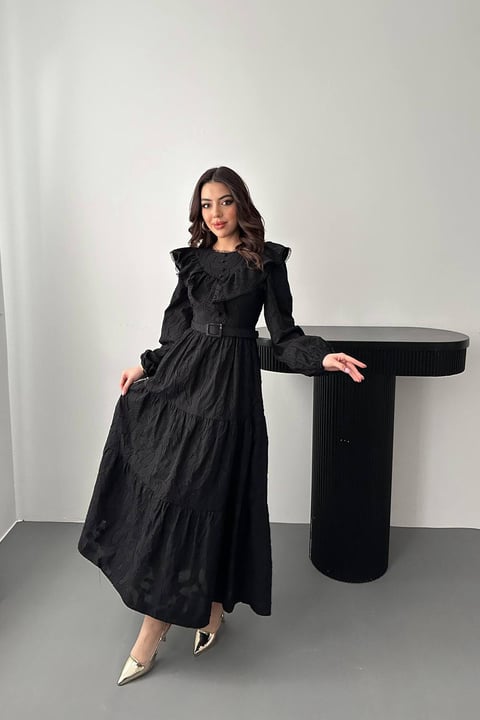 BLACK RUFFLED EMBROIDERED MAXI DRESS