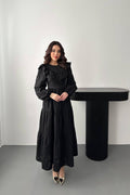 BLACK RUFFLED EMBROIDERED MAXI DRESS