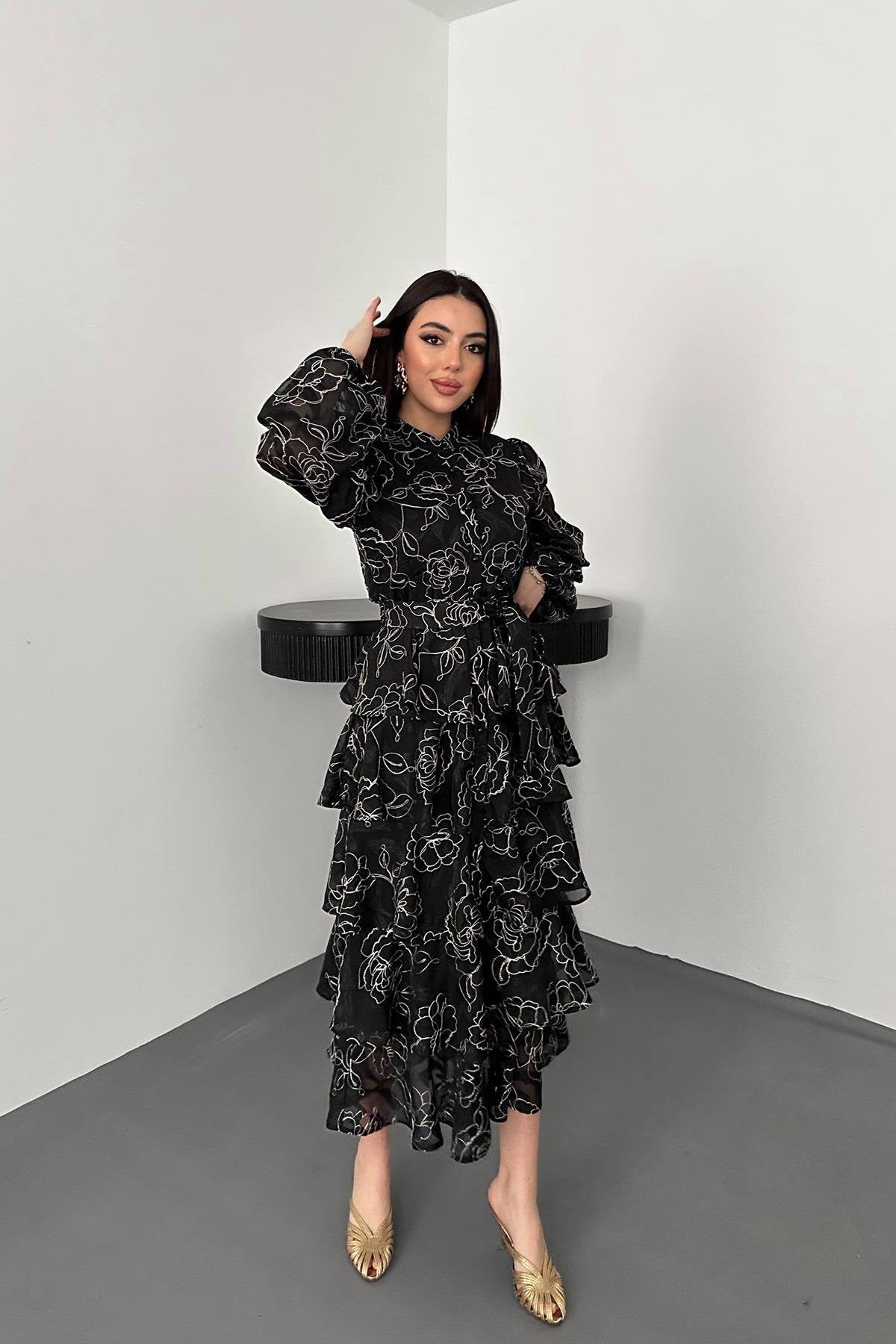 BLACK LAYERED JACQUARD MAXI DRESS
