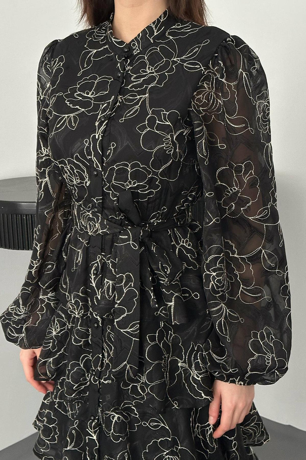 BLACK LAYERED JACQUARD MAXI DRESS