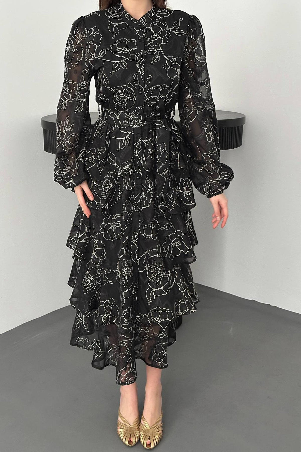 BLACK LAYERED JACQUARD MAXI DRESS