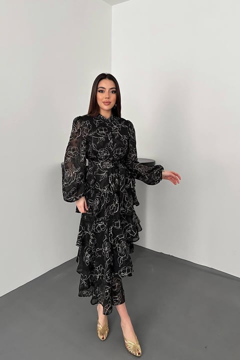 BLACK LAYERED JACQUARD MAXI DRESS