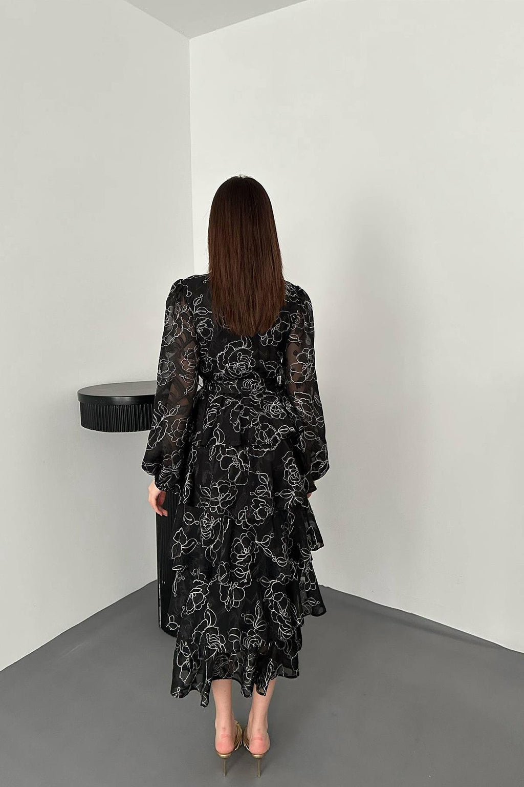 BLACK LAYERED JACQUARD MAXI DRESS