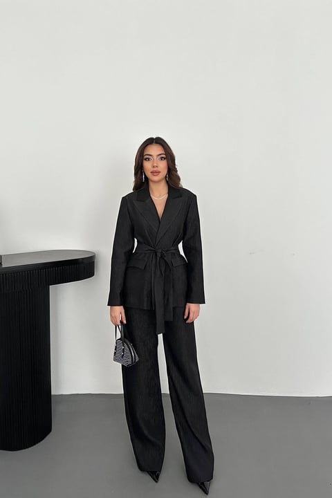 BLACK SHINY BELTED TWO-PIECE SUIT