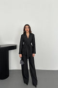 BLACK SHINY BELTED TWO-PIECE SUIT