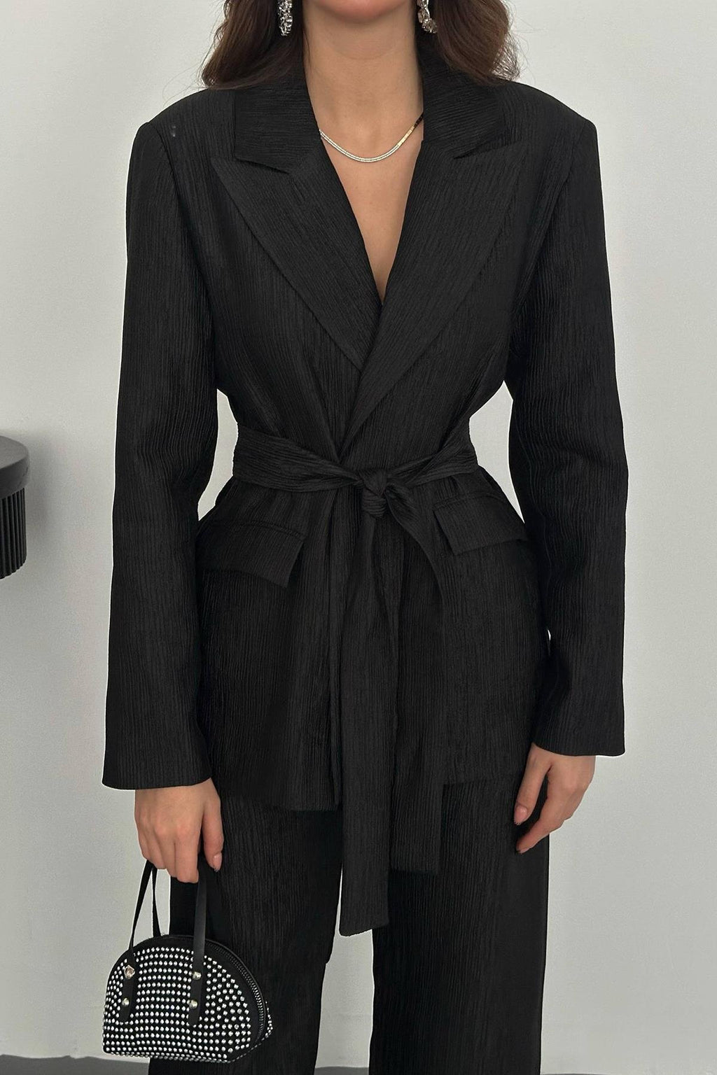 BLACK SHINY BELTED TWO-PIECE SUIT