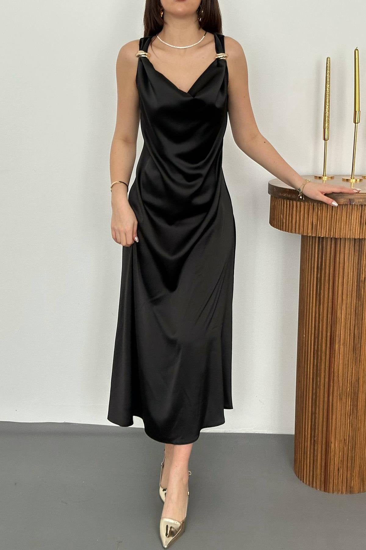 BLACK SATIN V-NECK MAXI DRESS WITH BUCKLE DETAIL