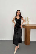 BLACK SATIN V-NECK MAXI DRESS WITH BUCKLE DETAIL