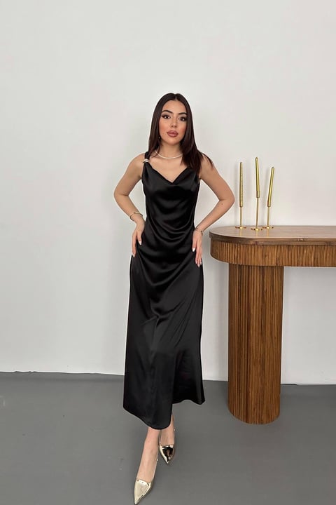 BLACK SATIN V-NECK MAXI DRESS WITH BUCKLE DETAIL
