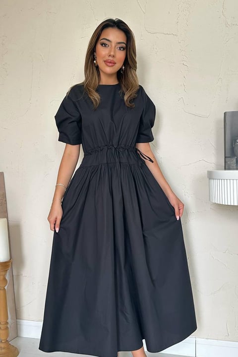 BLACK TUNNEL DETAIL POPLIN MIDI DRESS