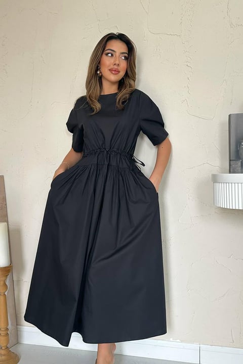 BLACK TUNNEL DETAIL POPLIN MIDI DRESS