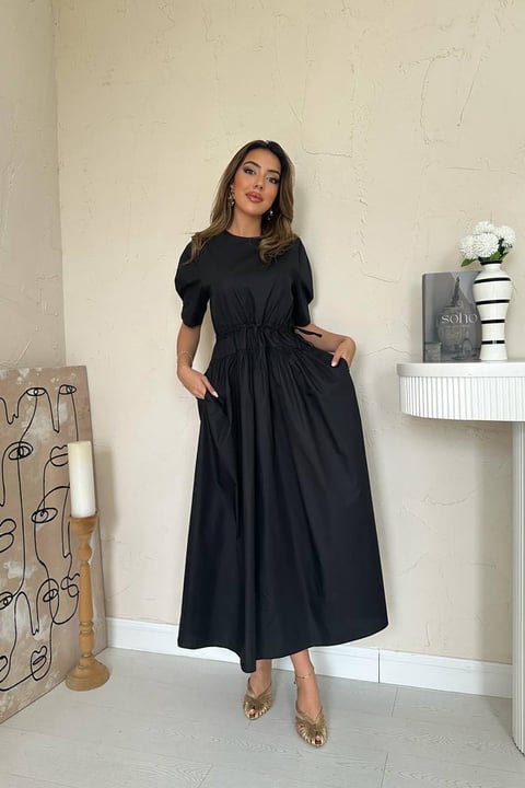 BLACK TUNNEL DETAIL POPLIN MIDI DRESS