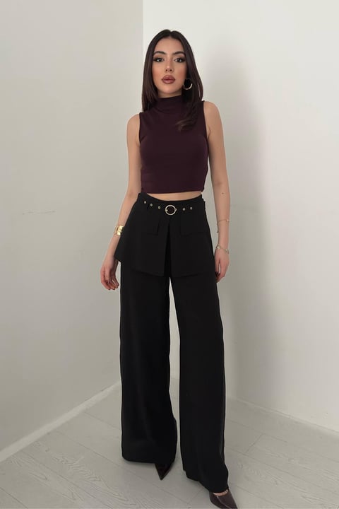 BLACK COVERED WAIST TROUSERS