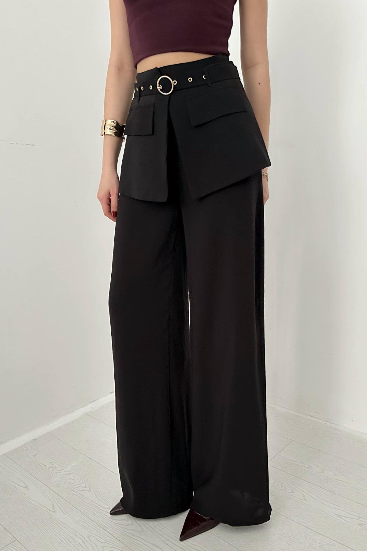 BLACK COVERED WAIST TROUSERS