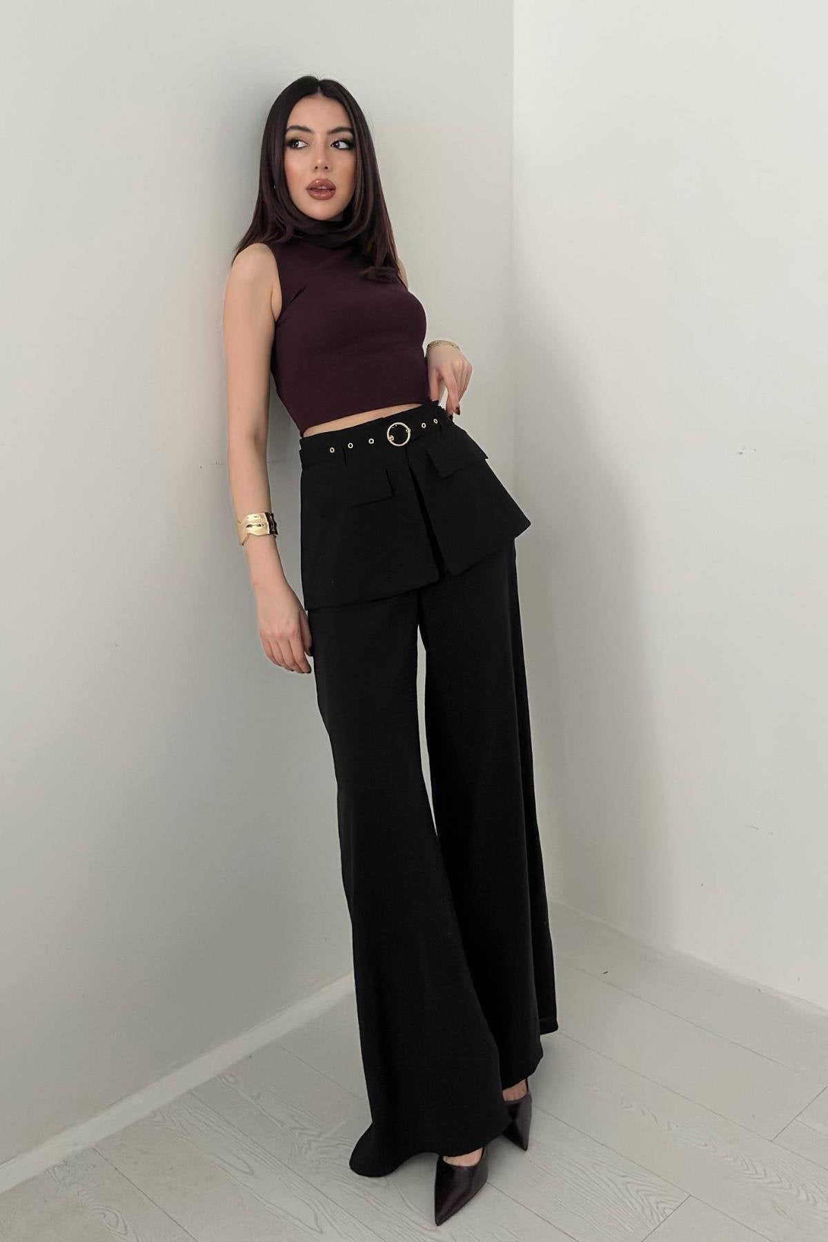 BLACK COVERED WAIST TROUSERS