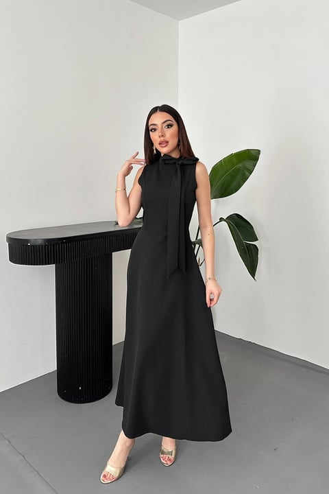 BLACK COLLARED MAXI DRESS WITH BOW DETAIL