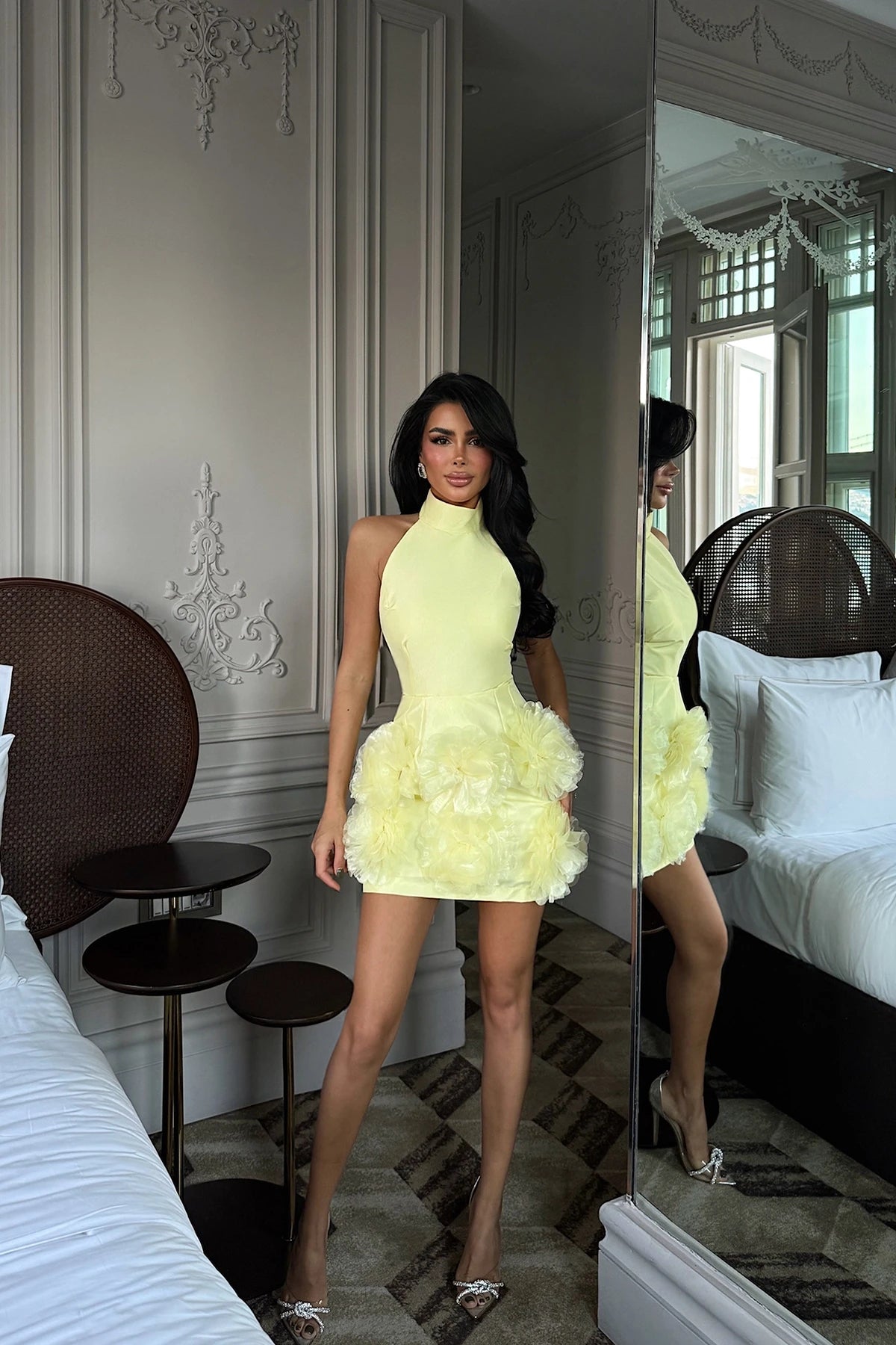 YELLOW FREYYA MINI DRESS WITH ROSE HEM