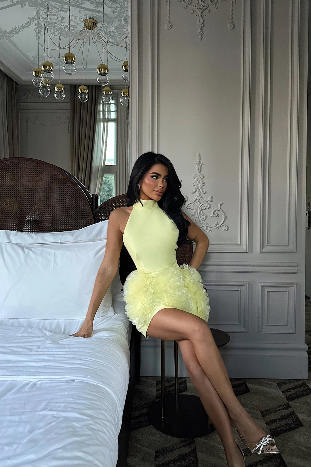 FREYYA YELLOW MINI DRESS WITH ROSE HEM DETAIL